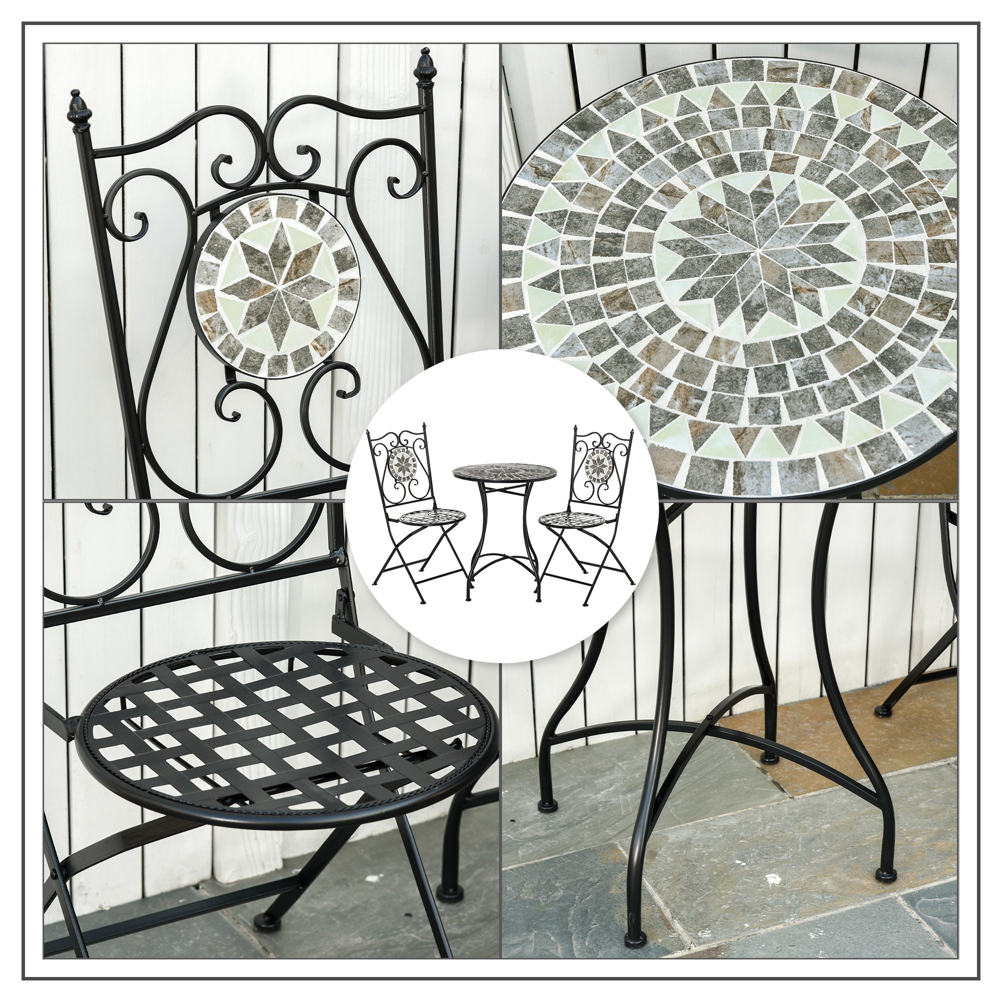 Outsunny 3 Pcs Mosaic Tile Garden Bistro Set Outdoor Seating w/ Table 2 Folding Chairs Set Metal Frame Elegant Scrolling Indoor Patio Balcony