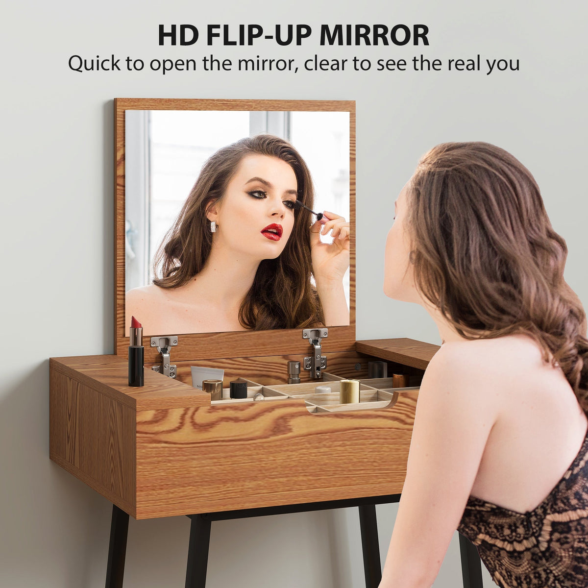 HOMCOM Vanity Desk with Flip-Up Mirror, Industrial Dressing Table with 16 Small Compartments for Bedroom, Natural Wood Effect