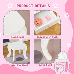 HOMCOM Kids Vanity Table and Chair Set with Tri-Folding Mirror and Stool, Makeup Dressing Table with Drawer, White