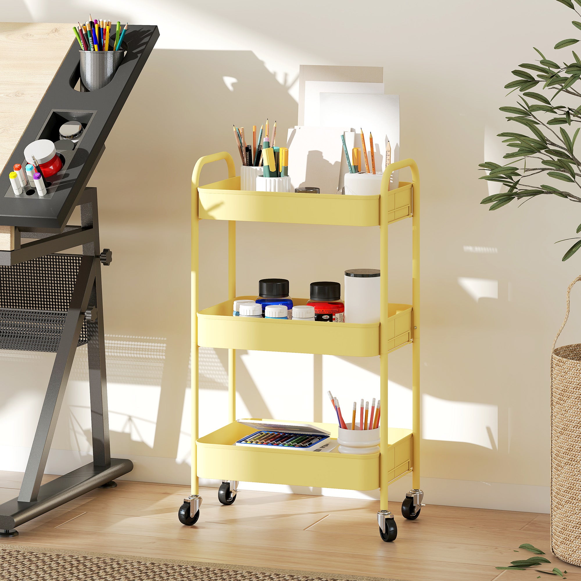 HOMCOM Three-Tier Steel Storage Trolley - Yellow