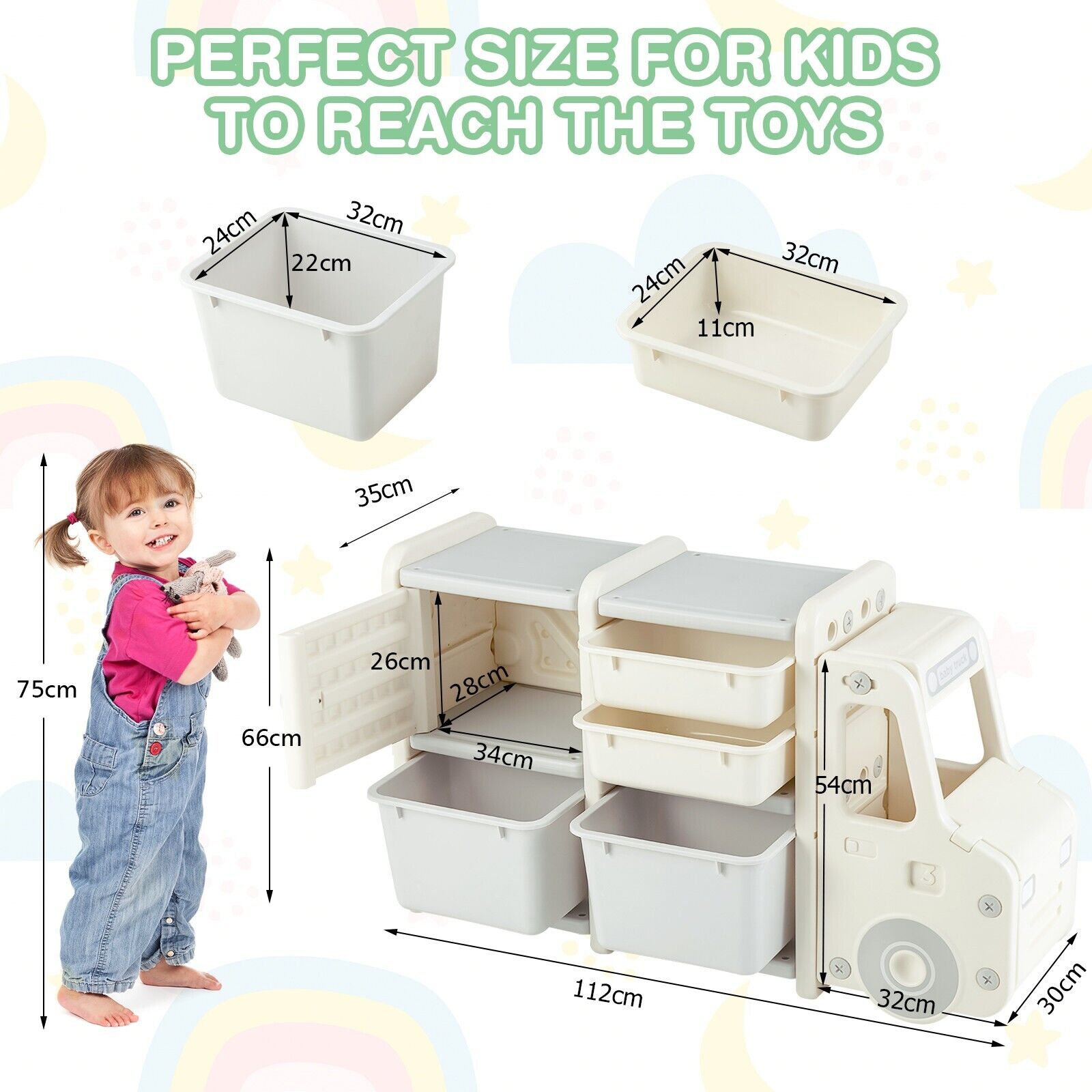 Kids Storage Units with 2 Plastic Bins and 2 Drawers-Beige