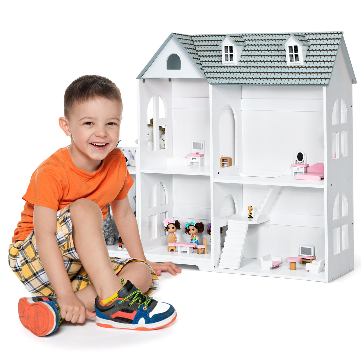 Large Wooden Dolls House with Furniture and Accessories-Grey
