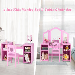 Kids Makeup Desk and Chair Set with Tri-Folding Detachable Mirror-Pink