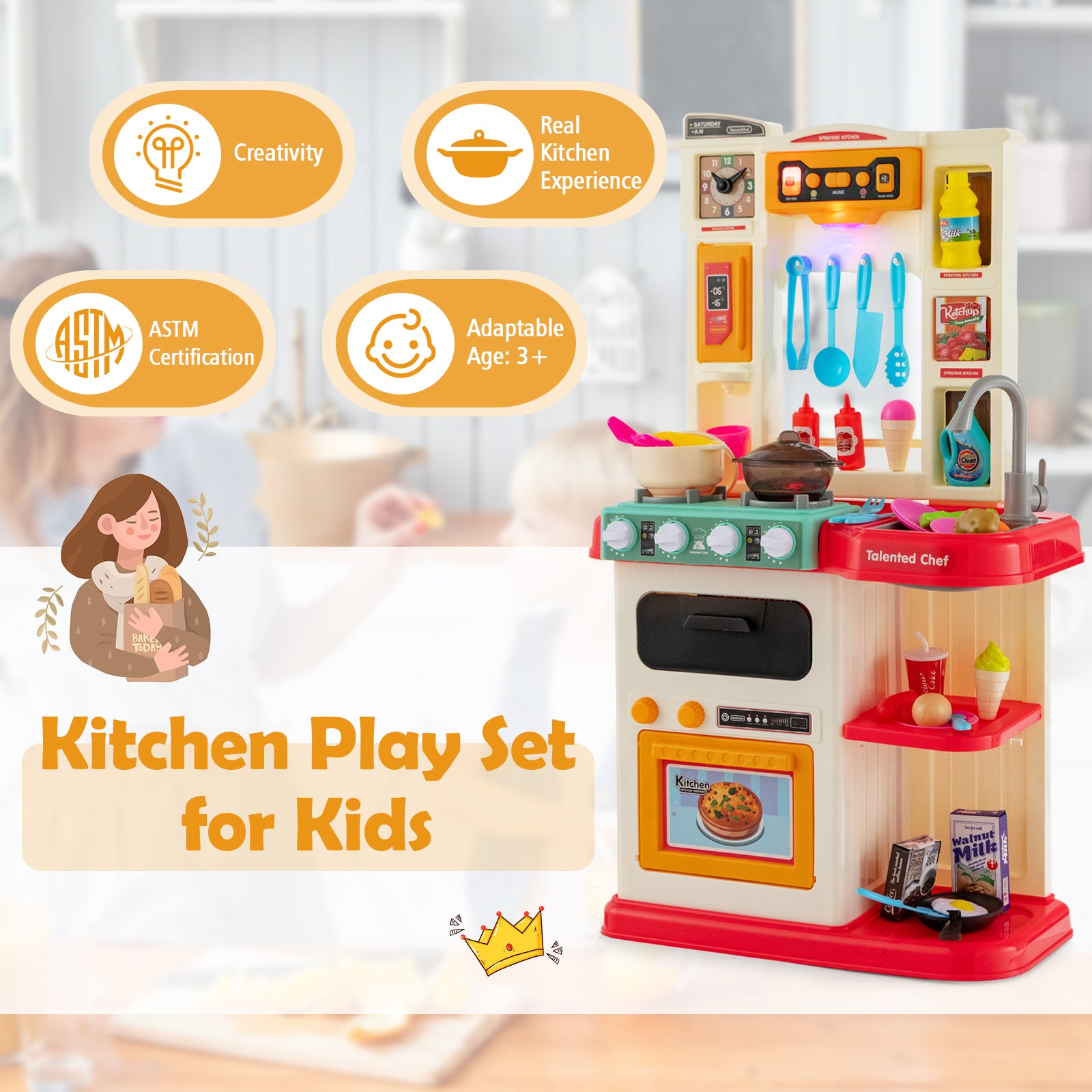 Kids Kitchen Playset with 65 Pieces Accessories-Pink