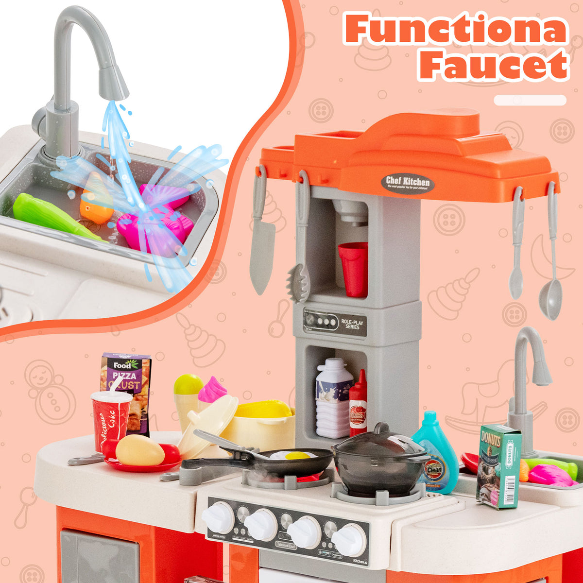 Kids Kitchen Playset with 67 Pieces Accessories and Realistic Lights-Orange