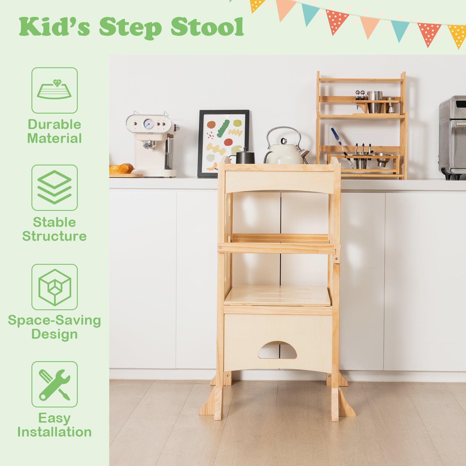 Folding Height Adjustable Kids Step Stool with Safety Latches-Natural
