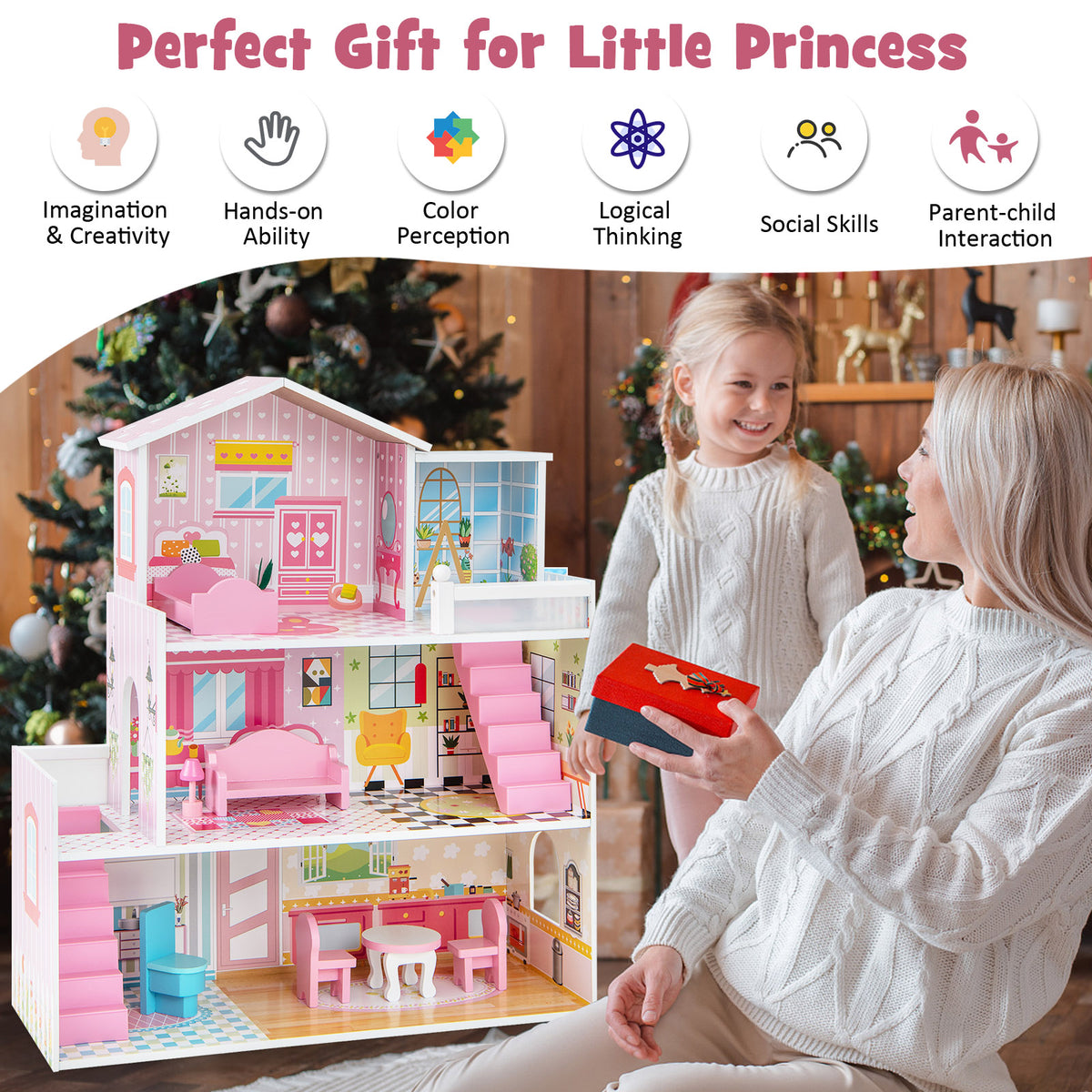 Kids Wooden Dollhouse DIY Pretend for Toddlers 3-7 Years Old-Pink