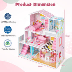 Kids Wooden Dollhouse DIY Pretend for Toddlers 3-7 Years Old-Pink