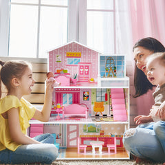 Kids Wooden Dollhouse DIY Pretend for Toddlers 3-7 Years Old-Pink