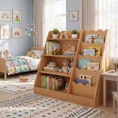 Montessori Kids Bookshelf with 5-Tier Scalloped Shelves for Nursery and Kids Room-Natural
