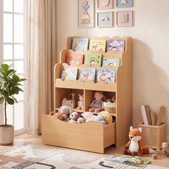 5-Tier Kids Bookshelf with Shelves & Rolling Drawer for Nursery Playroom-Natural
