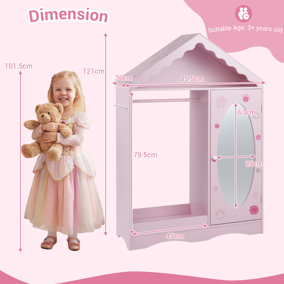 Kids Dress Up Storage with Mirror Roofed Wardrobe Closet with Open Hanging Rack-Pink
