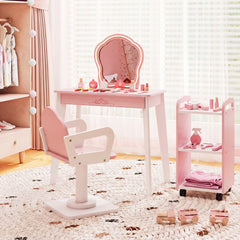 Kids Hair Salon Play Set with LED Lighted Mirror Wooden Pretend Hair Salon Station-Pink