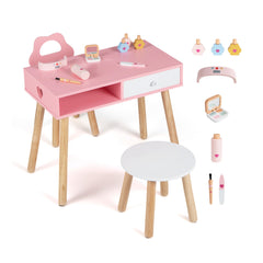 Kids Pretend Nail Salon Playset with Chair and Stool Wooden Toddlers Makeup and Manicure Kit-Pink