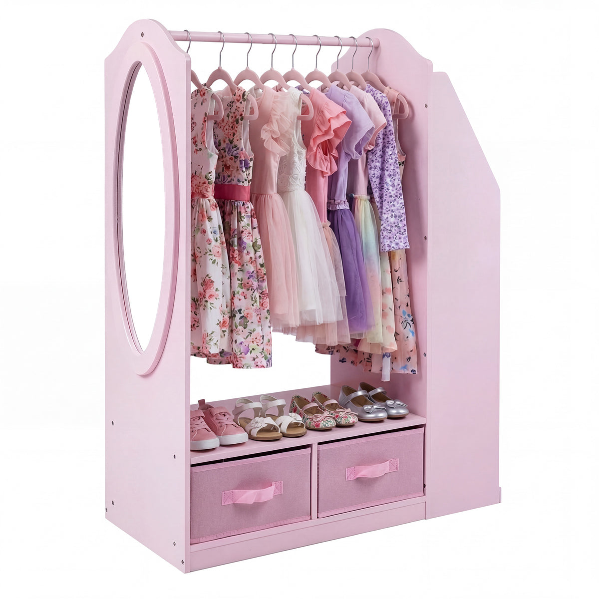 Kids Wardrobe with Full-Length Mirror Dress Up Storage Cabinet with Hanging Rack Bookshelf-Pink