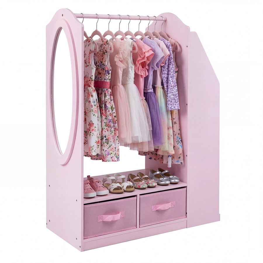 Kids Wardrobe with Full-Length Mirror Dress Up Storage Cabinet with Hanging Rack Bookshelf-Pink