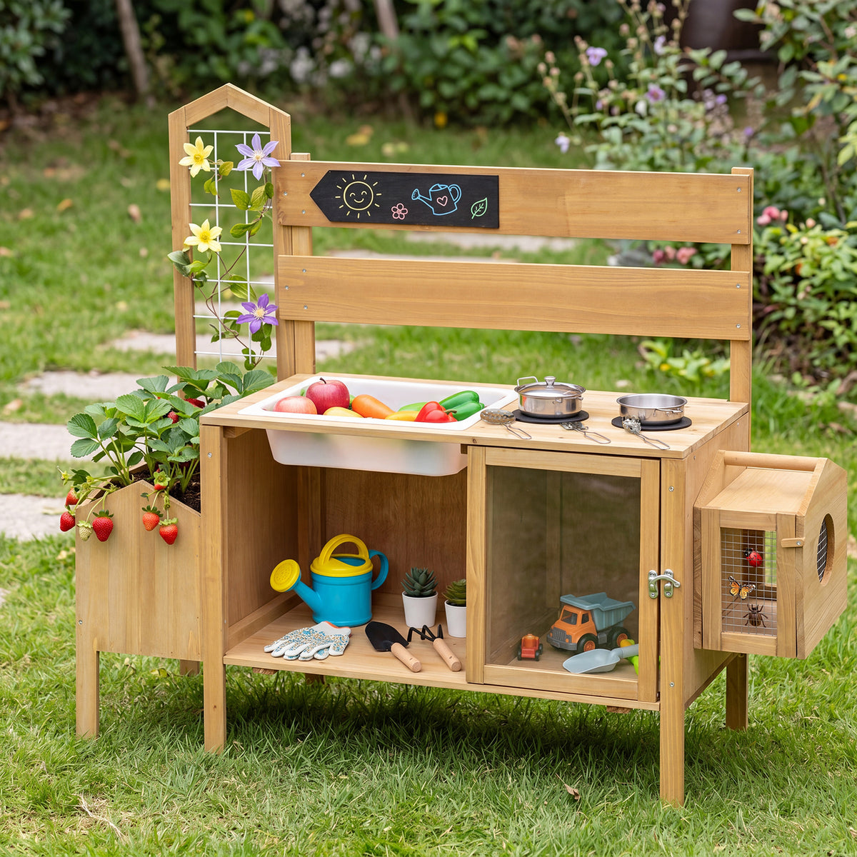 Mud Kitchen for Kids with Detachable Bird Cage and Planter Box for Toddlers Aged 3+-Natrual