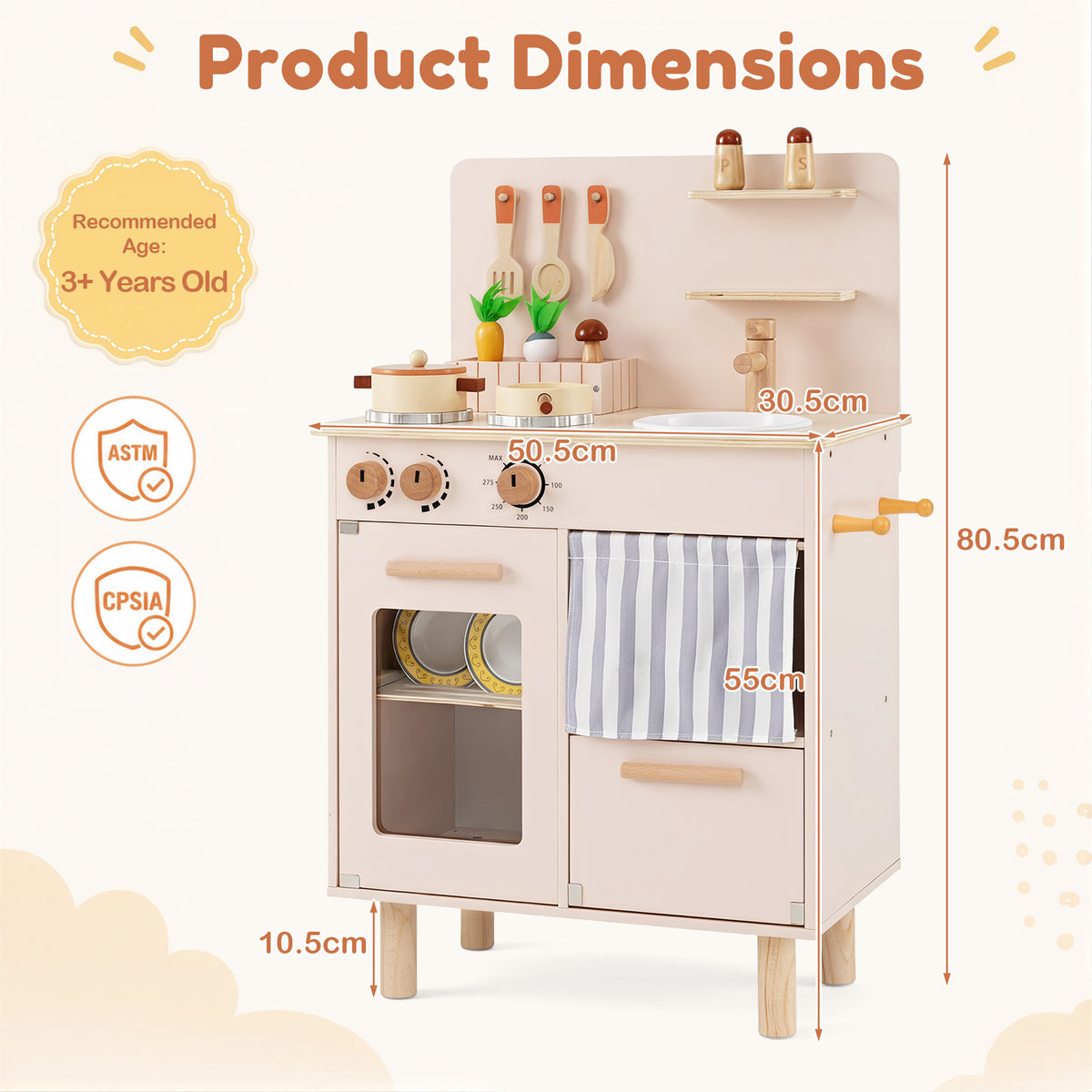 Wooden Play Kitchen Role-Play Gift for Girls and Boys Ages 3+-Beige