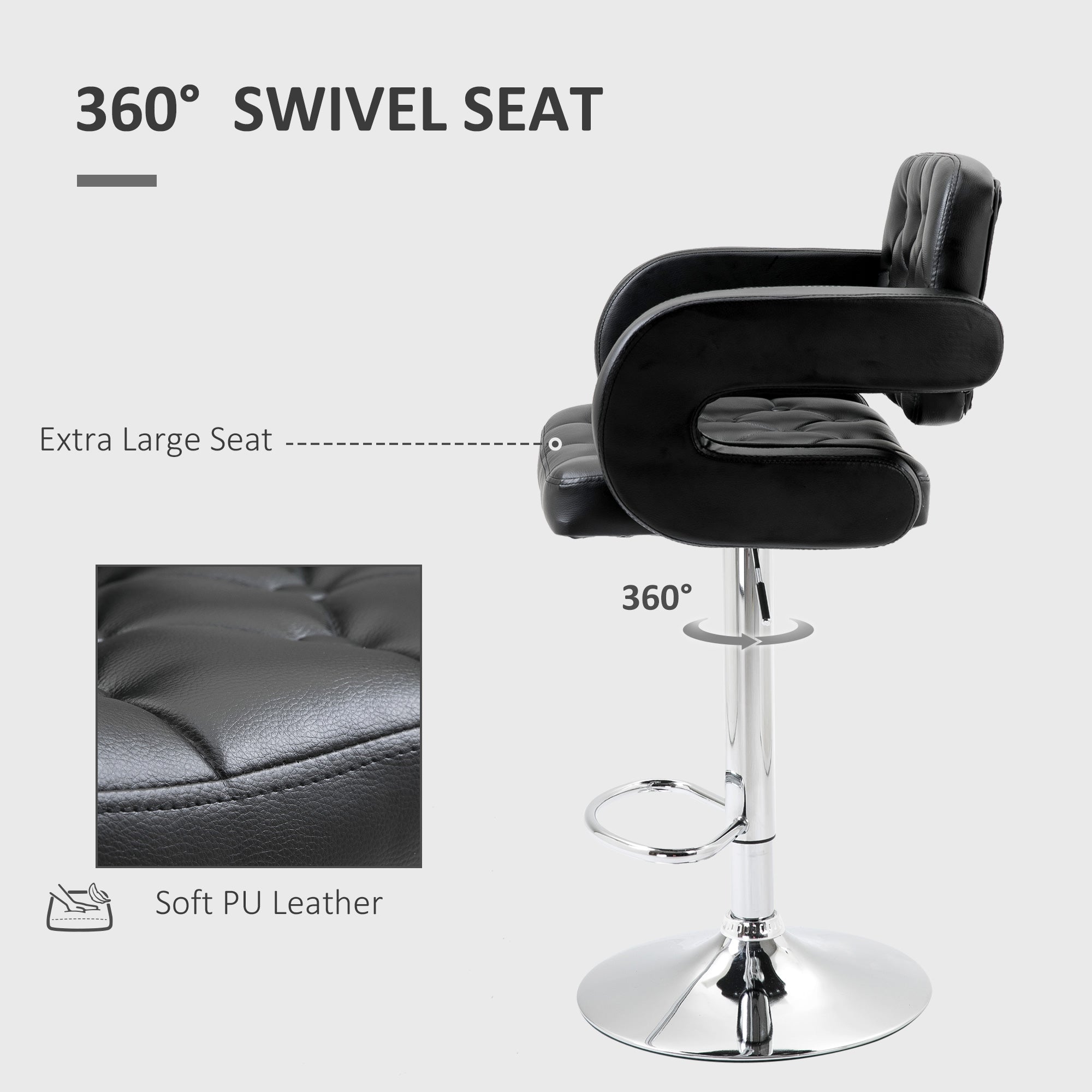 HOMCOM PU Leather Upholstered Swivel Bar Stool, Height Adjustable with Back, Armrest, Footrest, Black