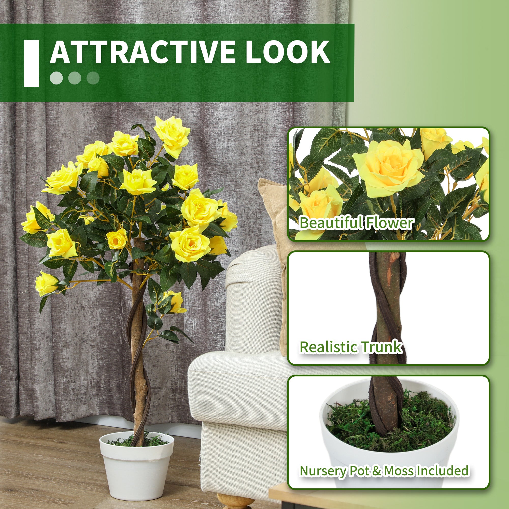Outsunny Set of 2 Artificial Plants White Rose Floral in Pot, Fake Plants for Home Indoor Decor, 90cm, Yellow