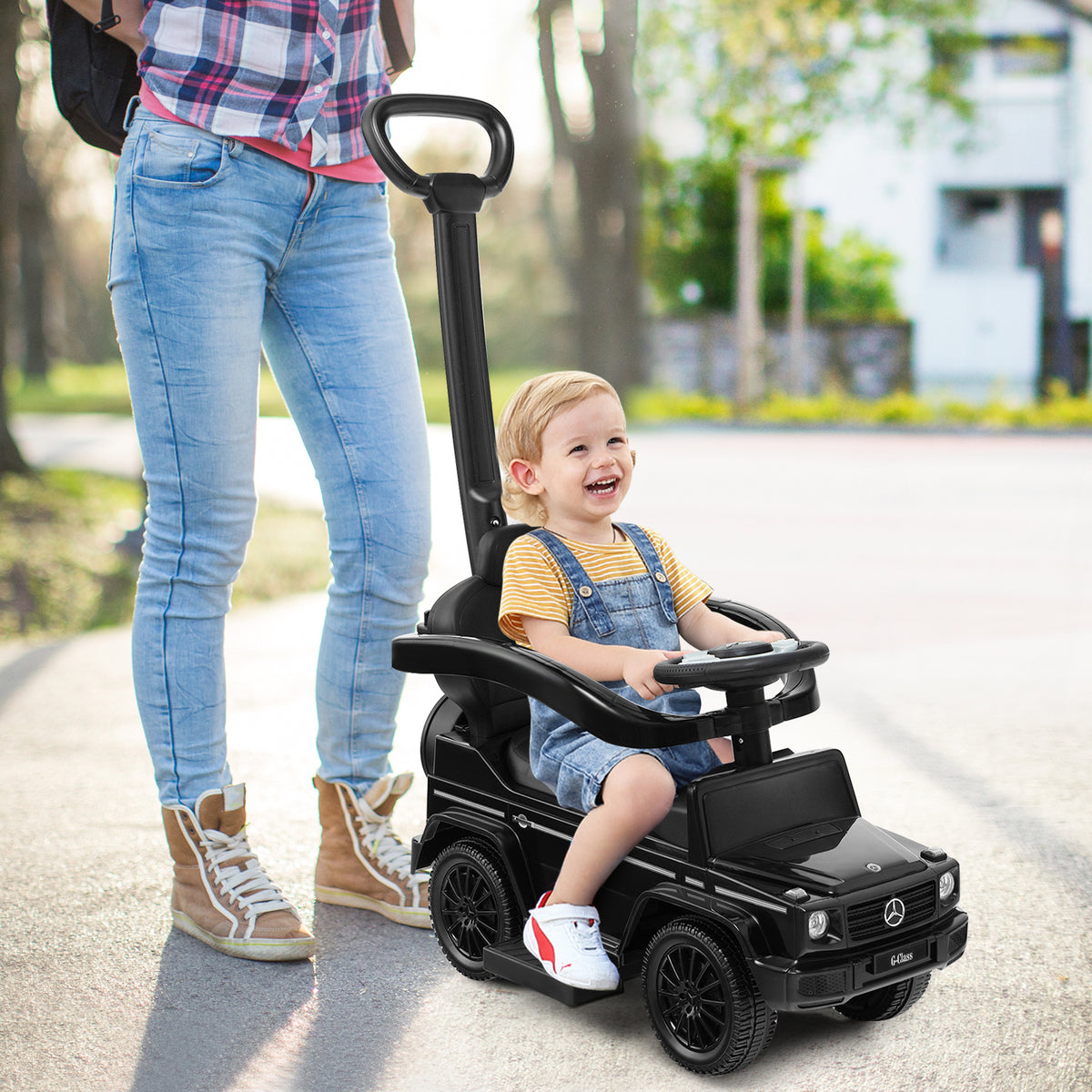 3-in-1 Baby Foot-to Floor Sliding Walker with Push Handle-Black
