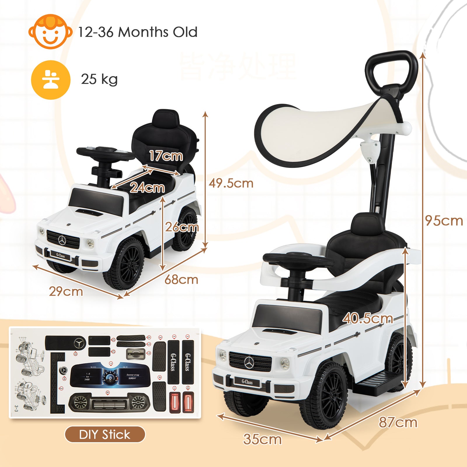 3-in-1 Baby Foot-to Floor Sliding Walker with Push Handle-White