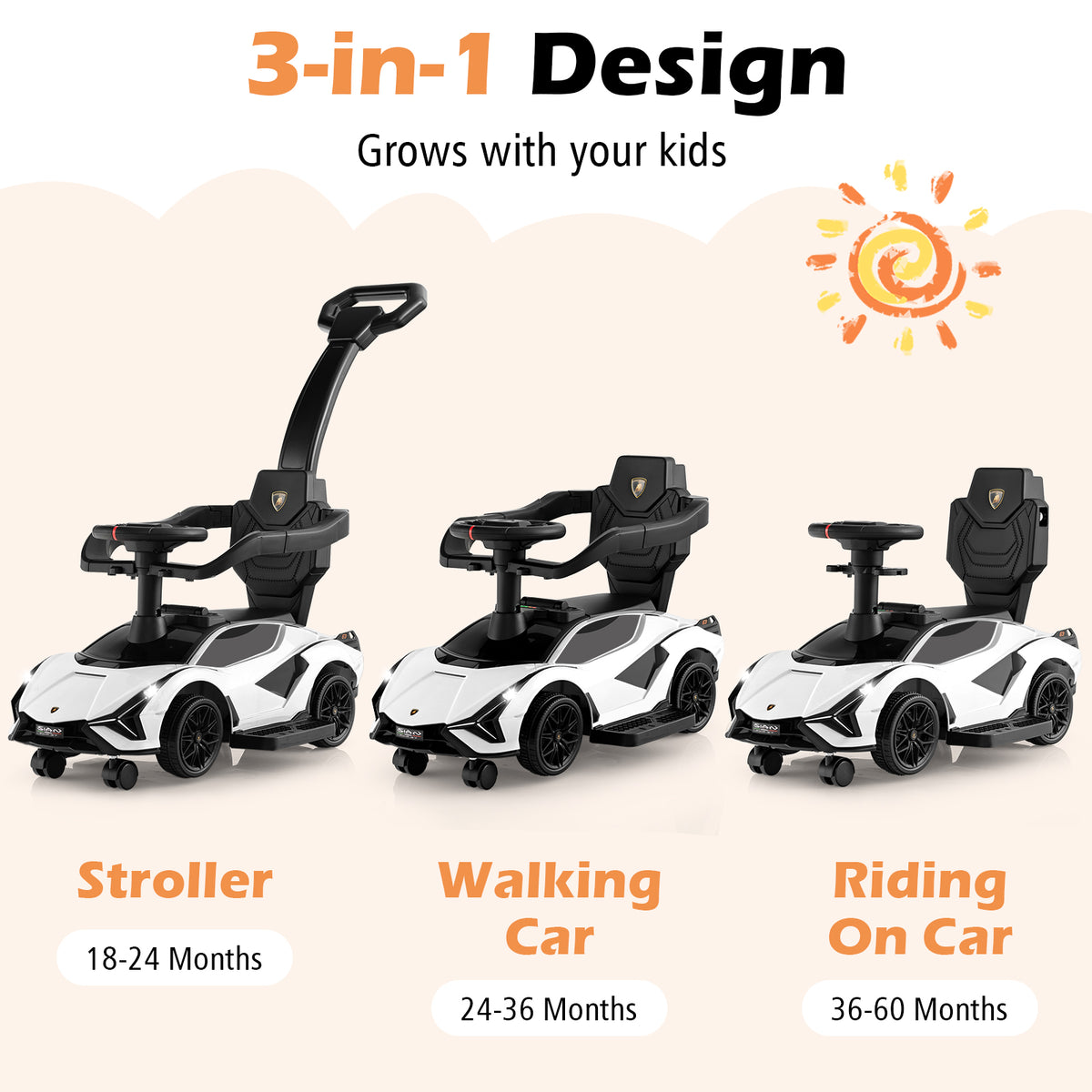 3-in-1 Ride On Push Car with Removable Guardrails and Handle-White