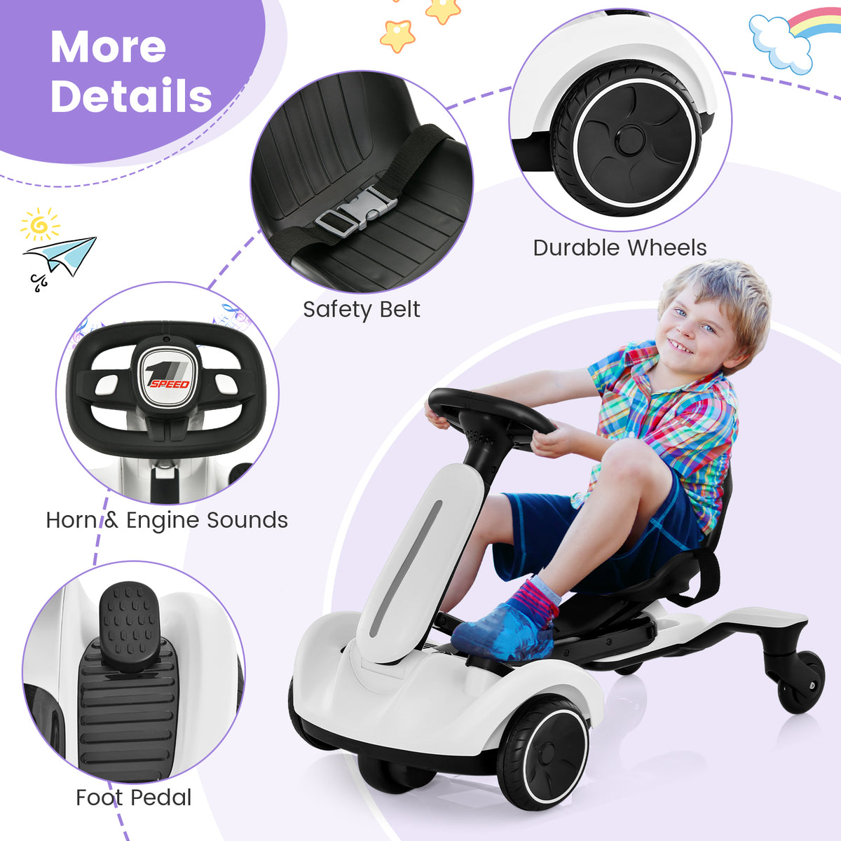 6V Electric Ride on Drift Car for Kids Aged 3-8 Years Old-White