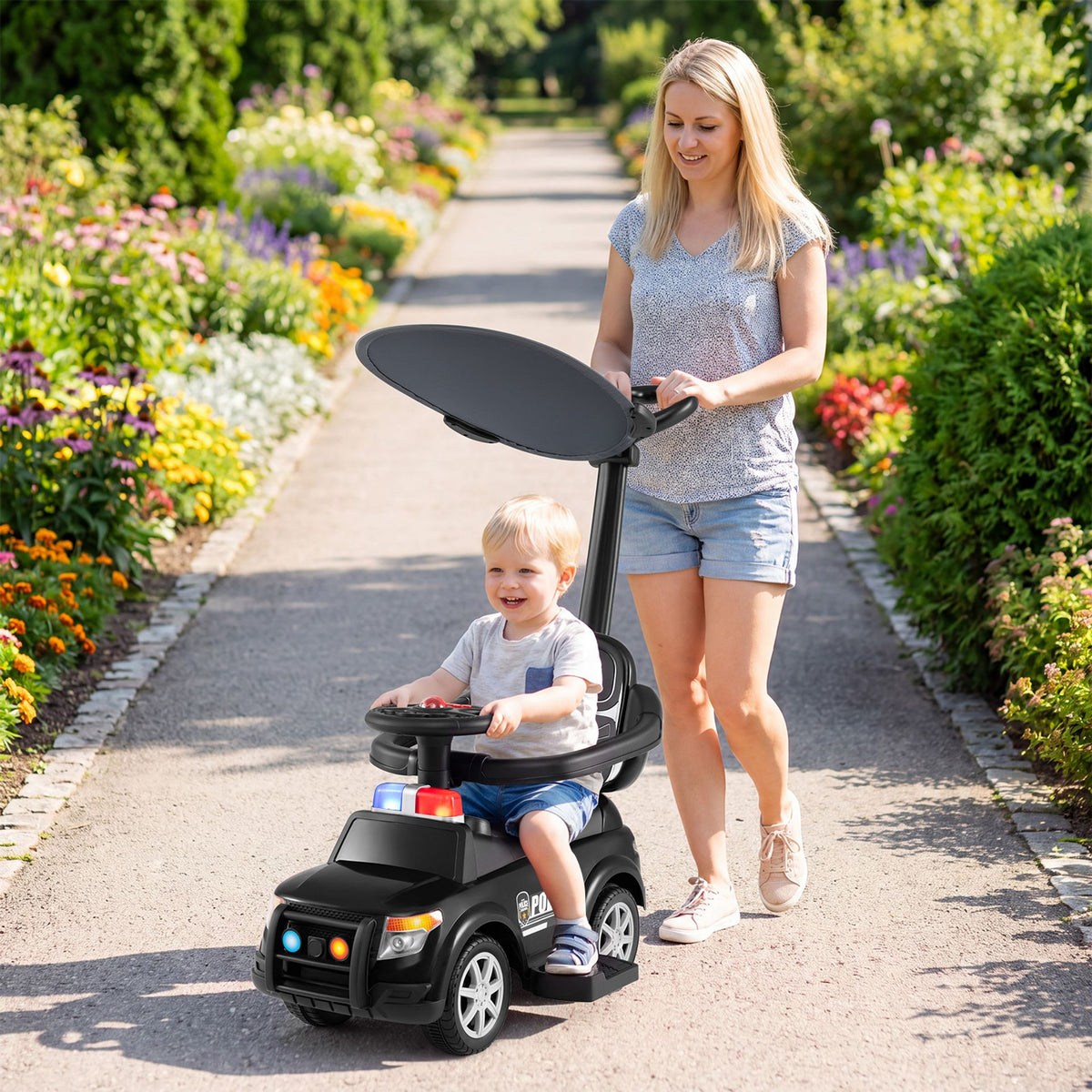 3-in-1 Toddler Push Car with Handle Canopy and Siren Flashing Light for 18-36 Month Kids-Black