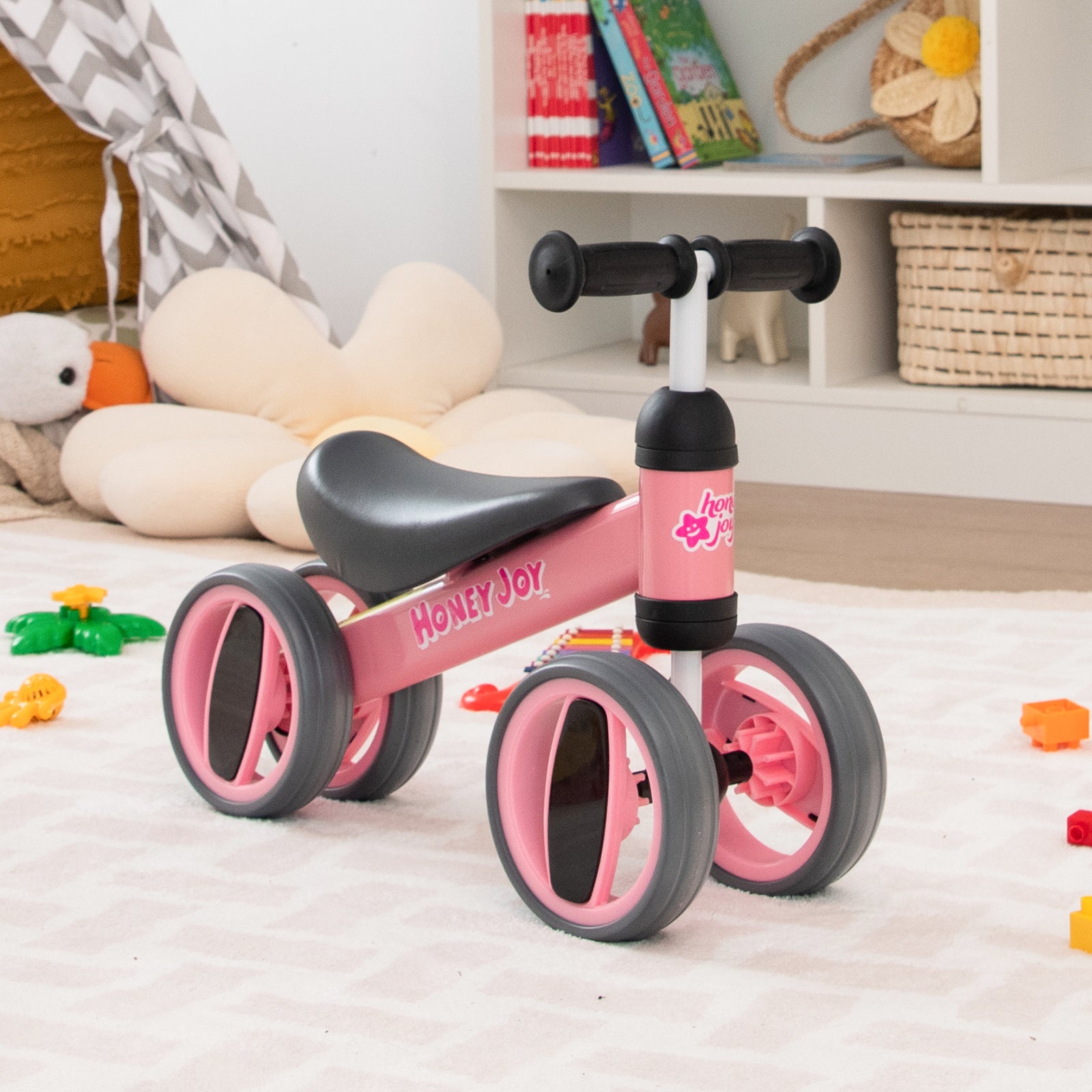 Baby Balance Bike with 4 Wheels and Limited Steering-Pink