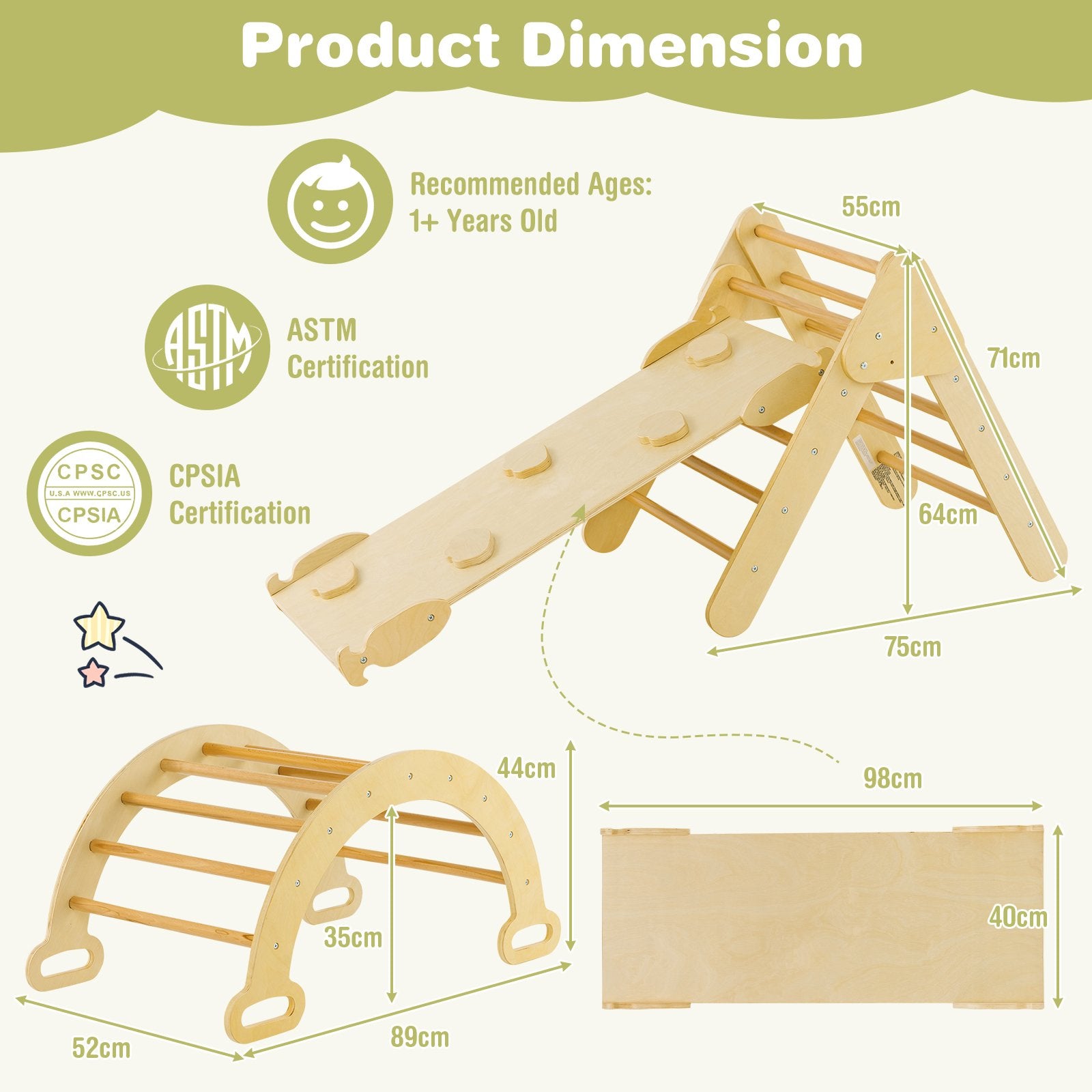 5-in-1 Triangle Climbing Toys with Arch Ramp for 1+ Years Old-Natural