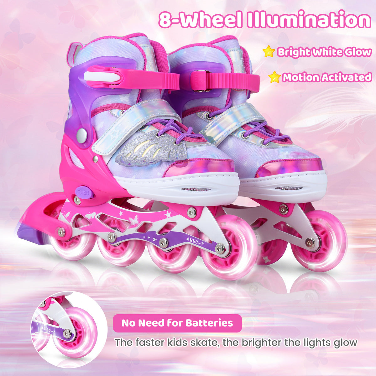 Kids Inline Skates with Full Light Up PU Wheels Adjustable Length for Beginners-Pink