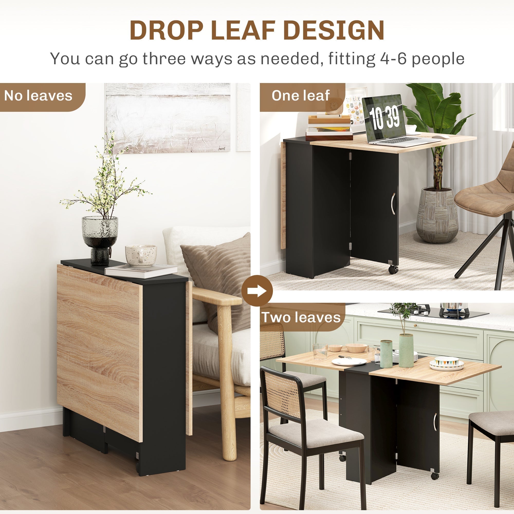 HOMCOM Folding Dining Table, Drop Leaf Table with 2-Tier Shelves, Rolling Casters, for Small Spaces, Kitchen, Oak and Black