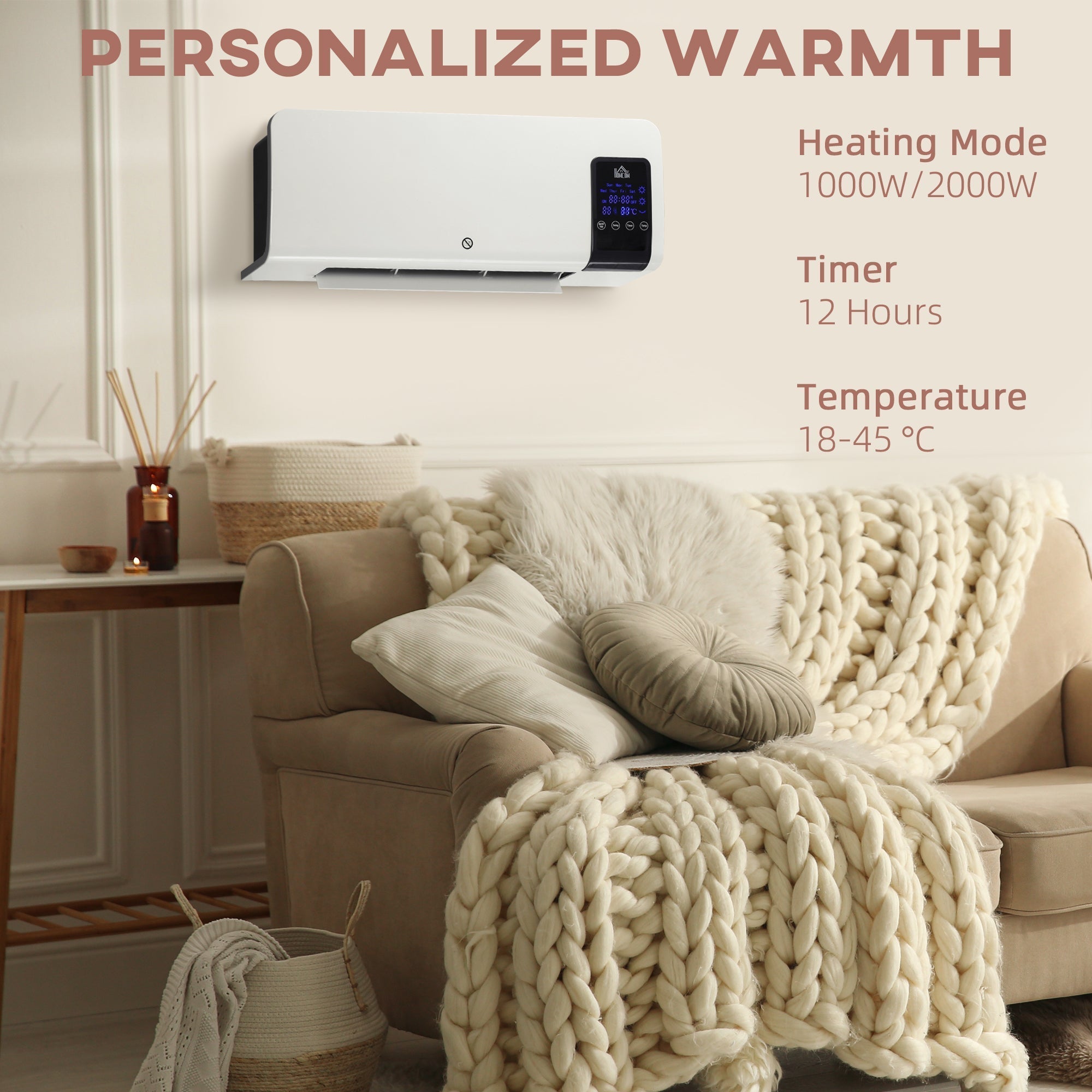 HOMCOM 2000W Wall-Mounted Heater, 18-45√Ç¬∞C Temperature, White