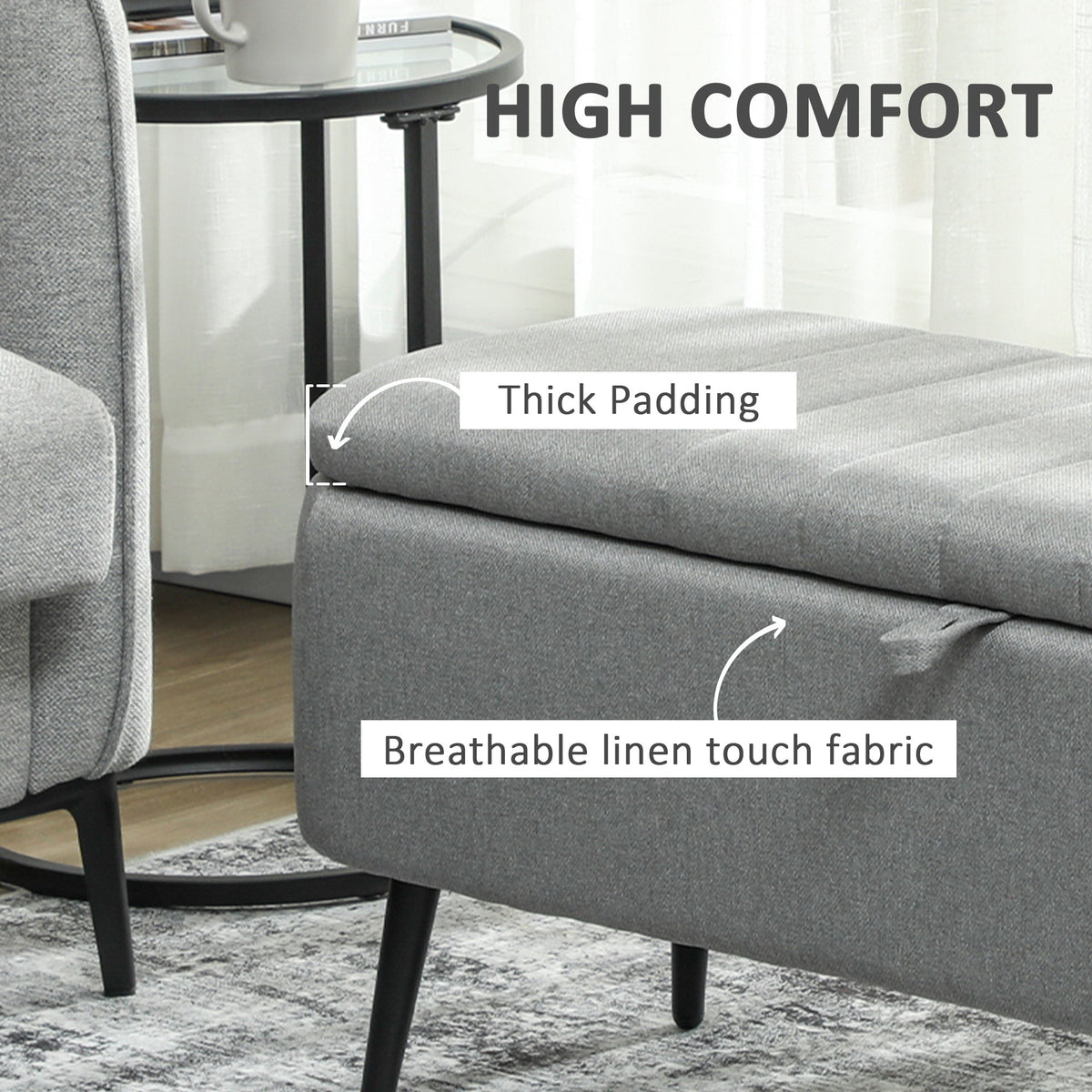 HOMCOM 92 x 31cm Linen-Look Storage Ottoman - Light Grey