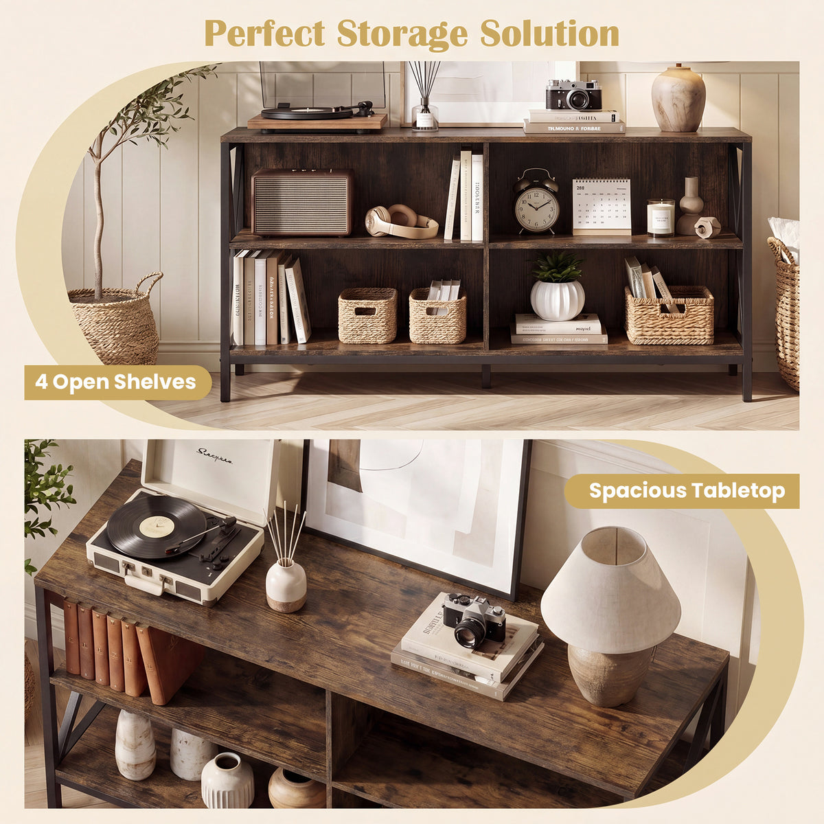TV Stand for TVs up to 55" with 4 Open Shelves & Raised Metal Legs for Living Room-Rustic Brown