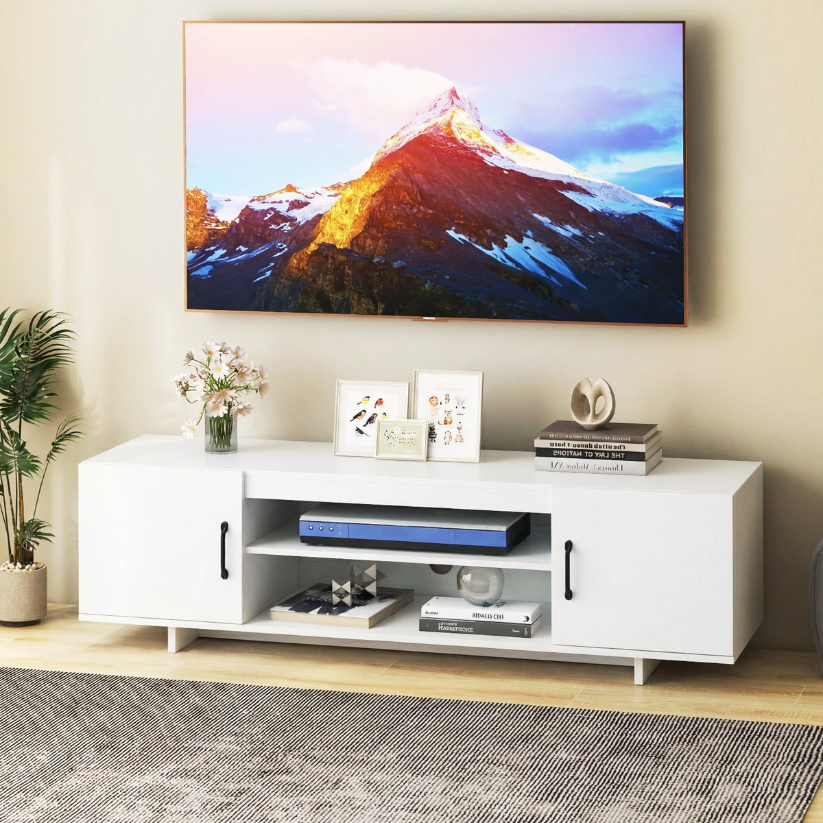 TV Stand for TVs up to 70 Inches with Power Outlet and 2 Cable Holes-White