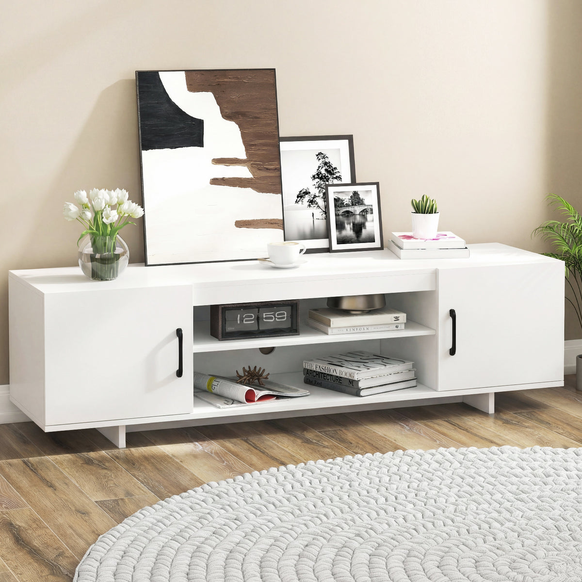 TV Stand for TVs up to 70 Inches with Power Outlet and 2 Cable Holes-White