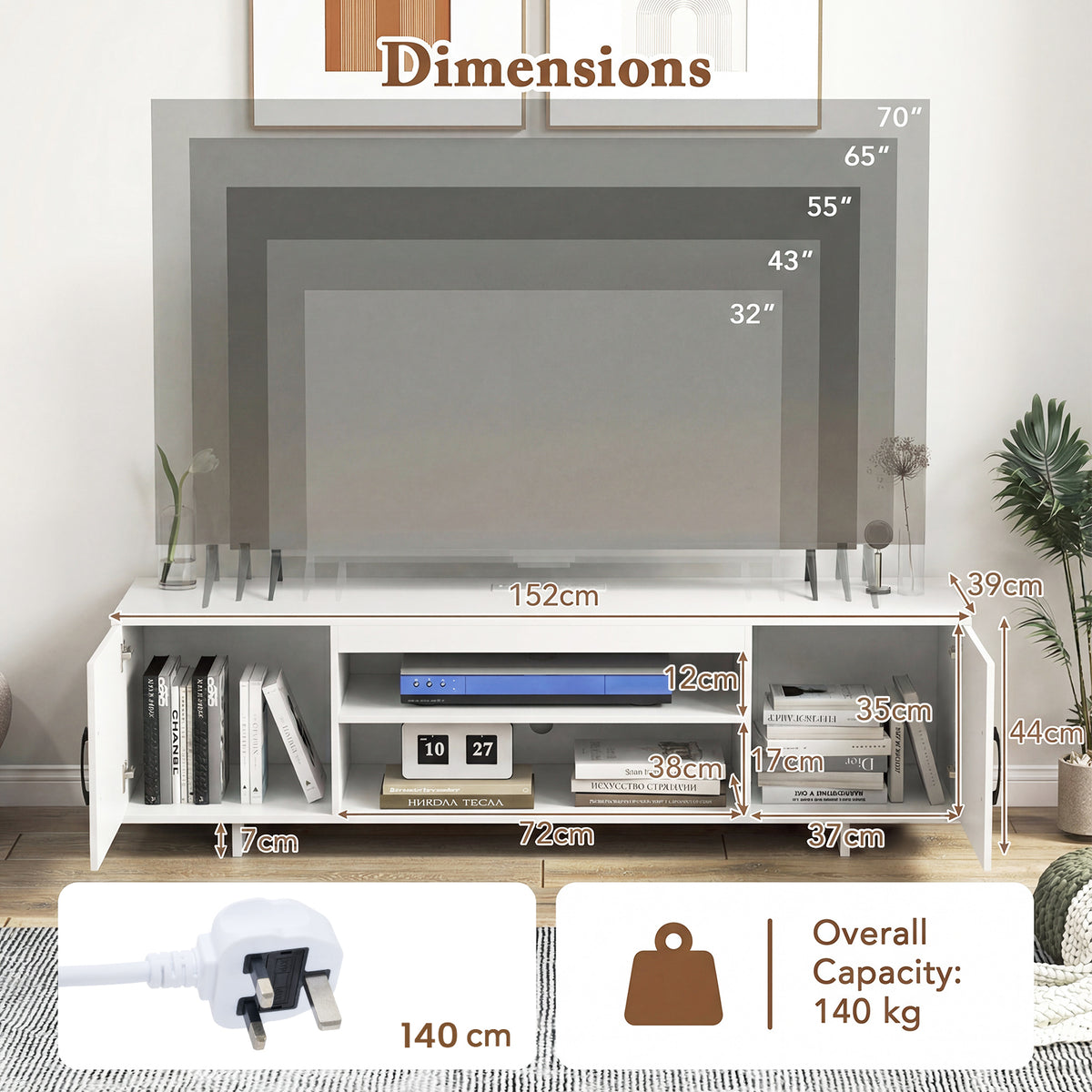 TV Stand for TVs up to 70 Inches with Power Outlet and 2 Cable Holes-White