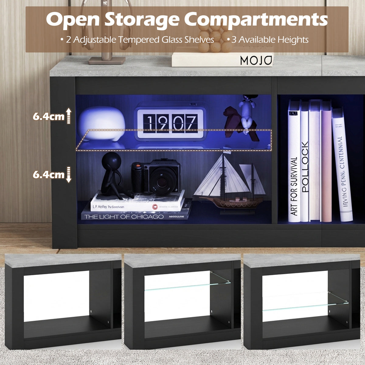 TV Stand with LED Light for TVs up to 65 inch with Adjustable Tempered Glass Shelves-Grey