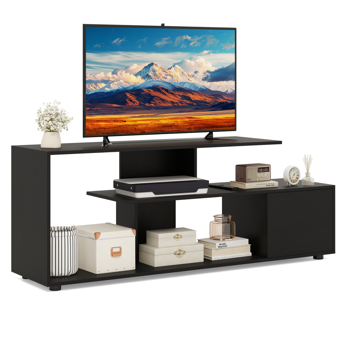 3-Tier Asymmetrical Media Console Table with Storage Shelves and Cabinet-Black
