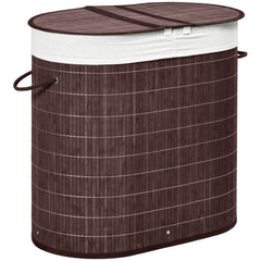 HOMCOM 100L Bamboo Laundry Basket with Lid, Washing Basket with 2 Compartments, Handles, Removable Liner, Brown
