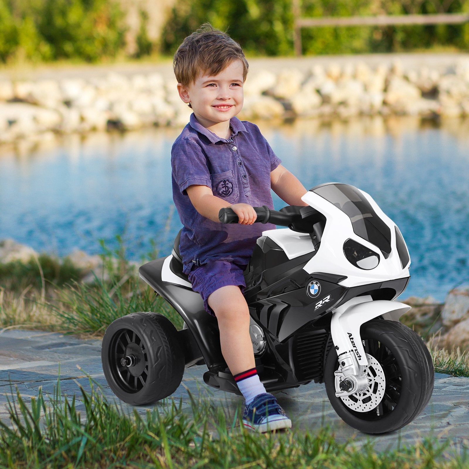 6V Kids Ride on Motorcycle with Training Wheels and Head Light-Black