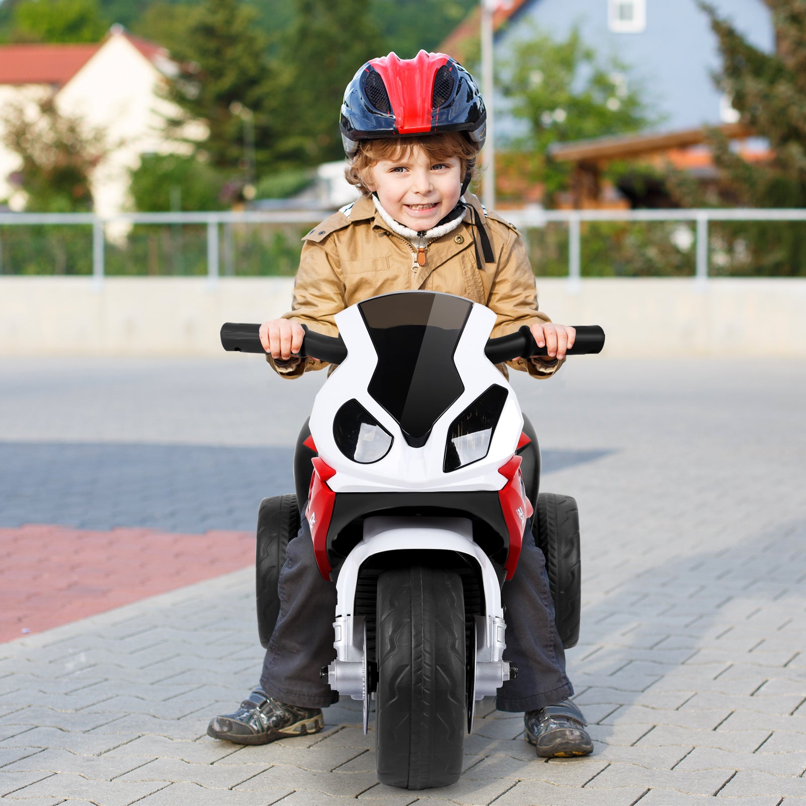 6V Kids Ride on Motorcycle with Training Wheels and Head Light-Red