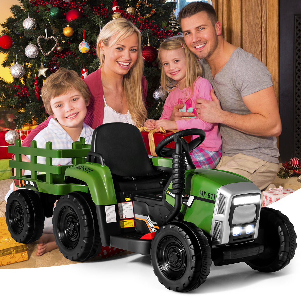 12V Kids Ride On Tractor with Trailer Music and LED Lights-Dark Green