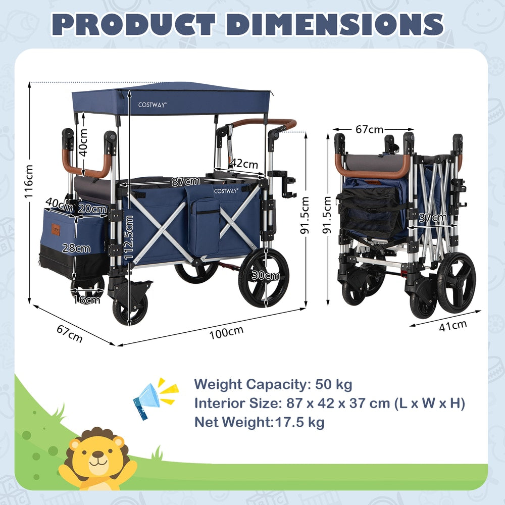 Product dimensions diagram for the blue double stroller wagon showing height and width