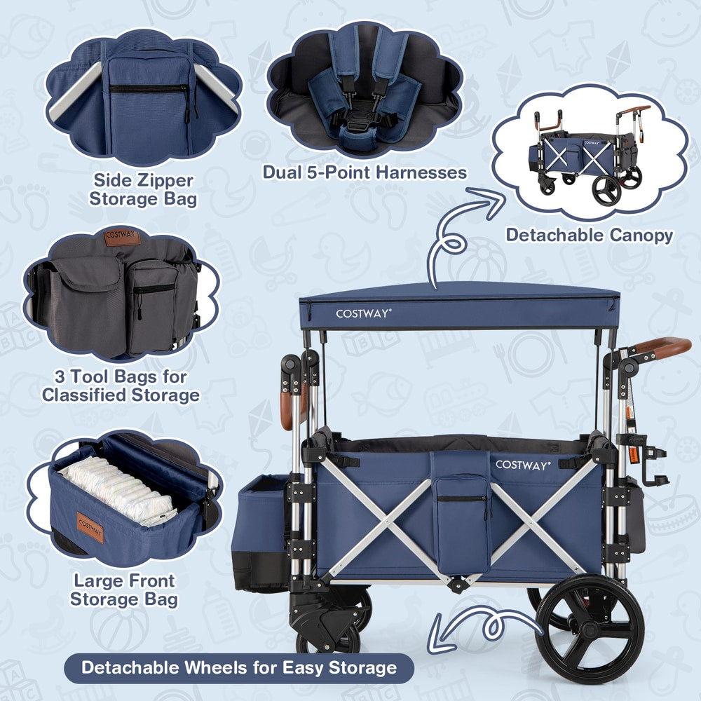 Features of the blue double stroller wagon including storage bags and detachable canopy