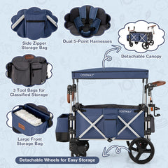 Features of the blue double stroller wagon including storage bags and detachable canopy
