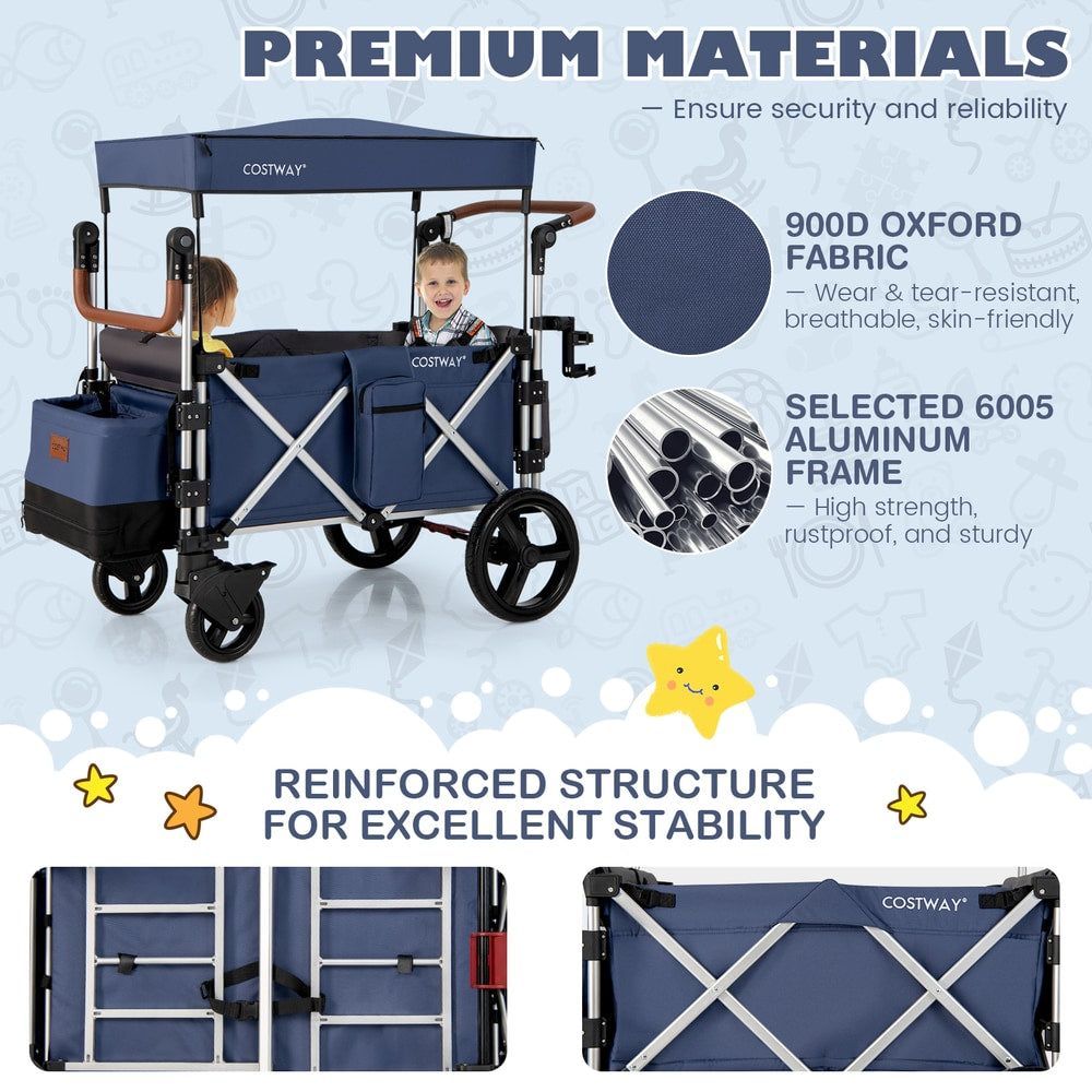 Premium materials and reinforced structure of the blue double stroller wagon