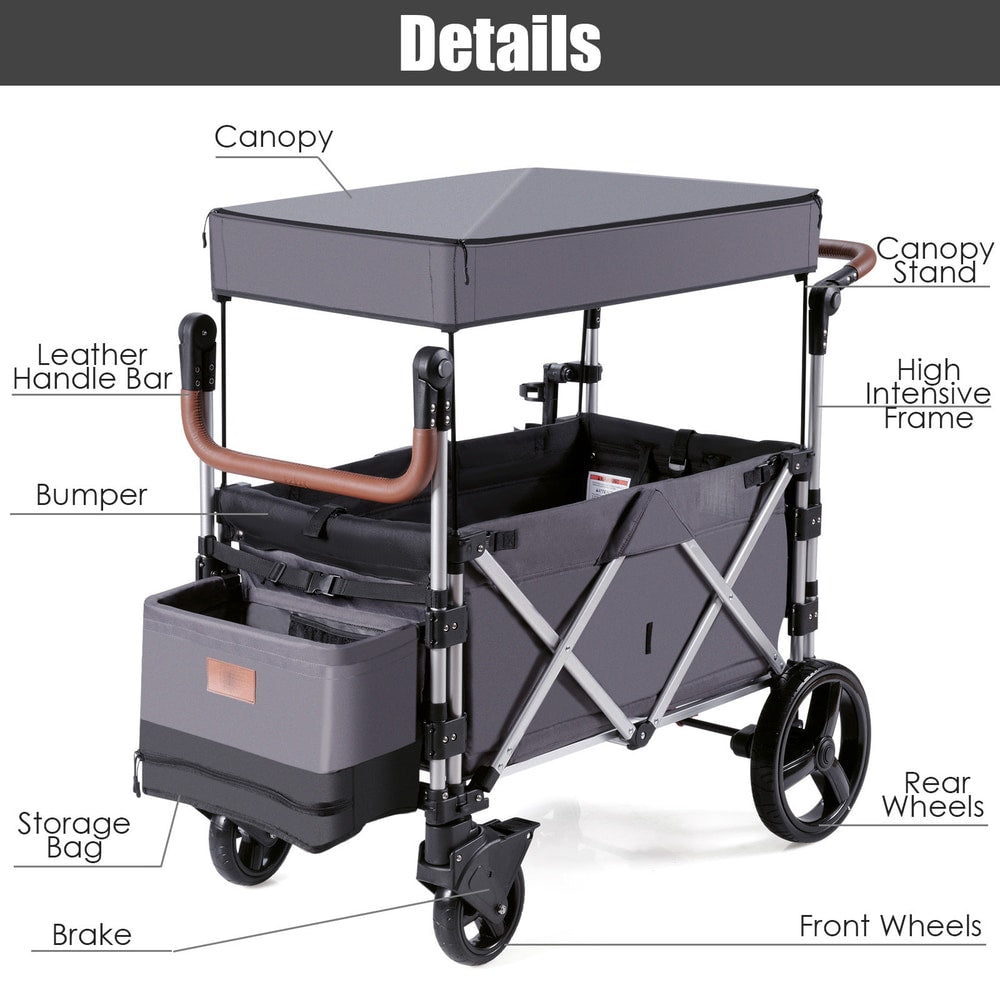Close-up details of the grey double stroller wagon including canopy, handles, and wheels